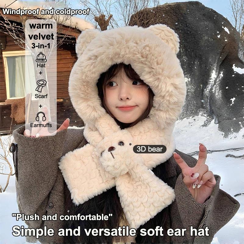Cute Plush Bear Ear Hat Winter Integrated Cap Scarf Windproof Thickened Beanie Hat Scarf Casual Outdoor Warm Scarf Set
