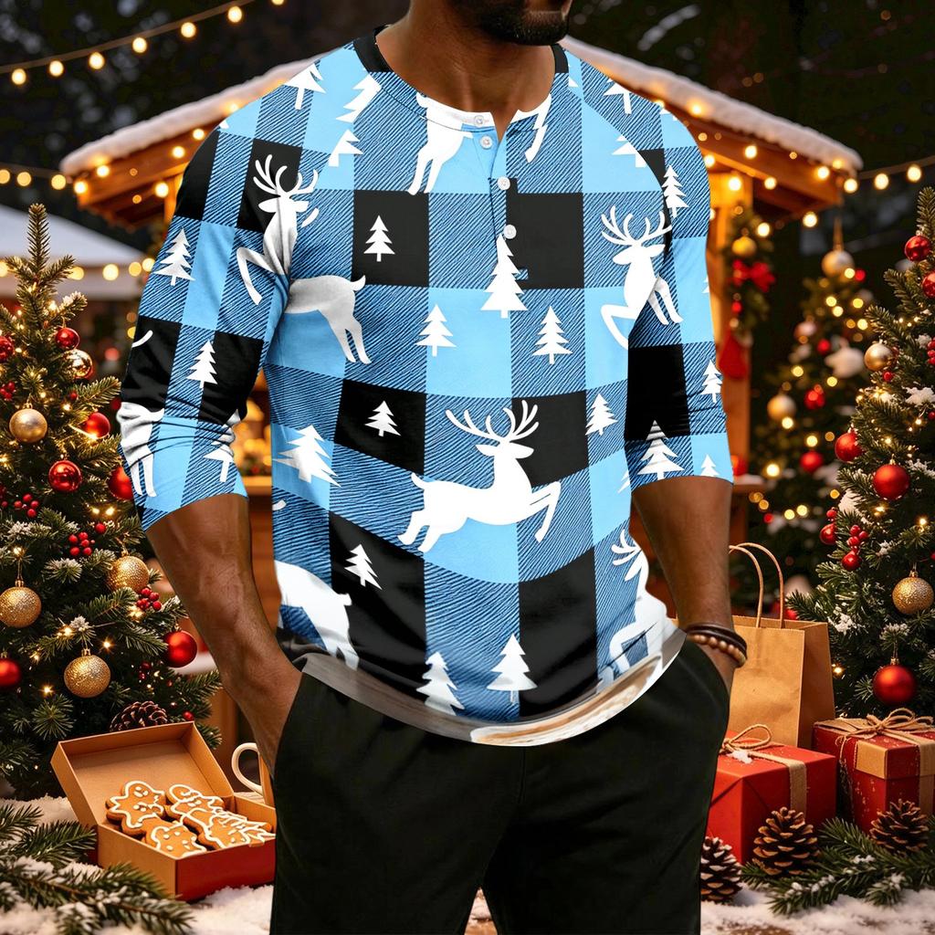 Men's Casual Shirt with Raglan Three-Quarter Sleeves and Christmas Print