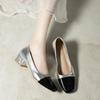 LeShion  Real Women Pumps Silvery Mix-color Chunky High Heel Slipon Shallow Shoes Woman Square Toe Golden Pump