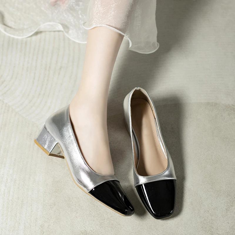 LeShion  Real Women Pumps Silvery Mix-color Chunky High Heel Slipon Shallow Shoes Woman Square Toe Golden Pump
