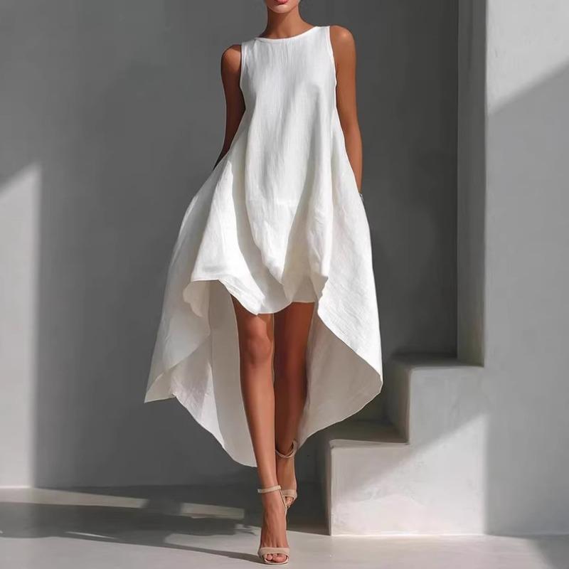 Boho White Linen Sleeveless High Low Hem Dress Women s Breathable Loose Fit Summer Sundress Casual A-Line Midi Dress for Vacation Beach Party Daily S белый
