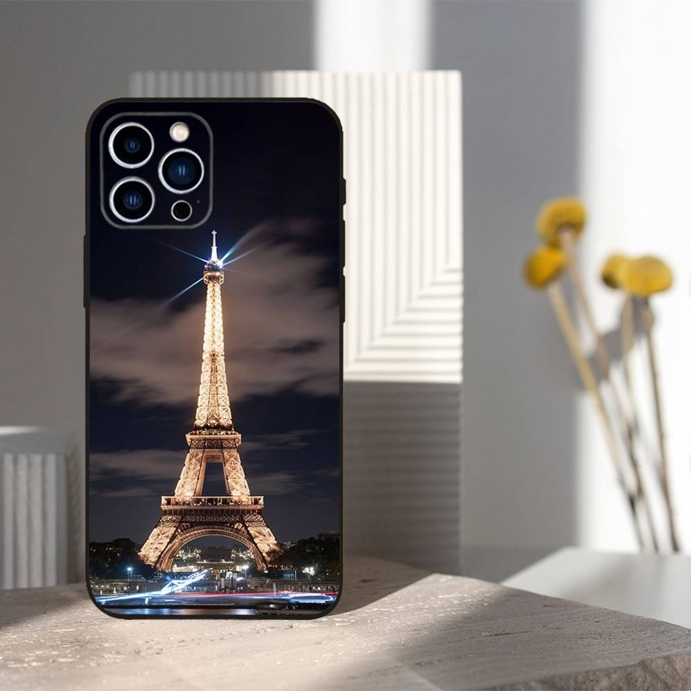 Paris landscape Eiffel Tower For iPhone 12,16,11,14,15,17,13,X,Mini,SE,XS,Plus,Pro Max,8,7,XR,Soft Silicone Black Case