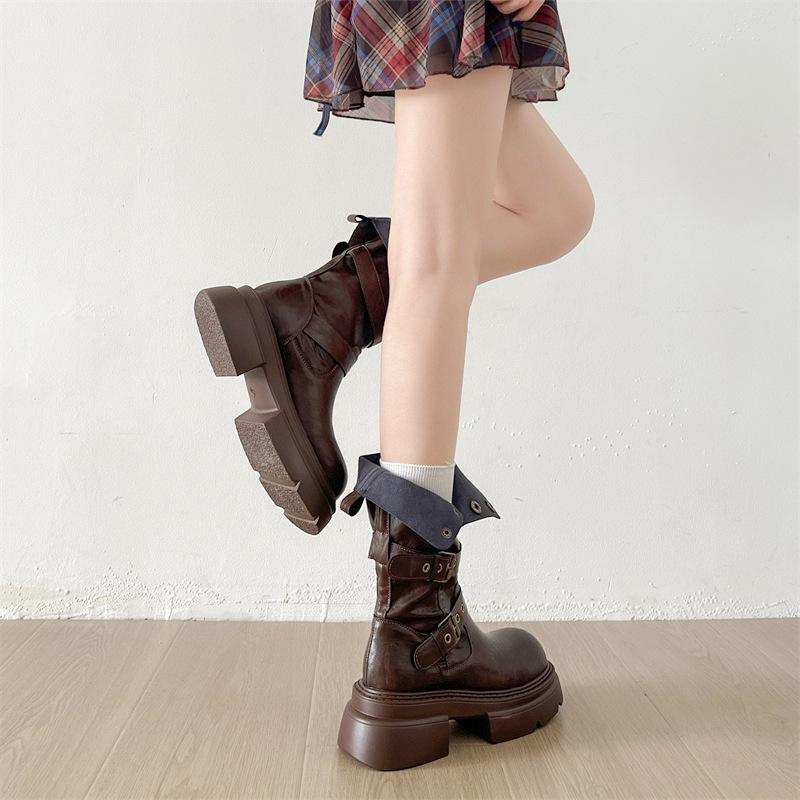 Braune Retro-Martin-Stiefel mit dicker Sohle und dickem Absatz für Damen, neu für Sommer 2025, Britischer Stil, dünne niedrige Schaftstiefel
