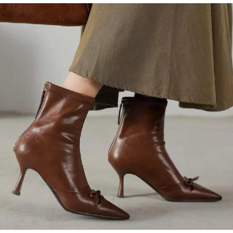 New Style Fashion Women High Heel Short Leather Boots Female Pointed Thin Heel Boots Ladies Ankle Short Boots  Mujer