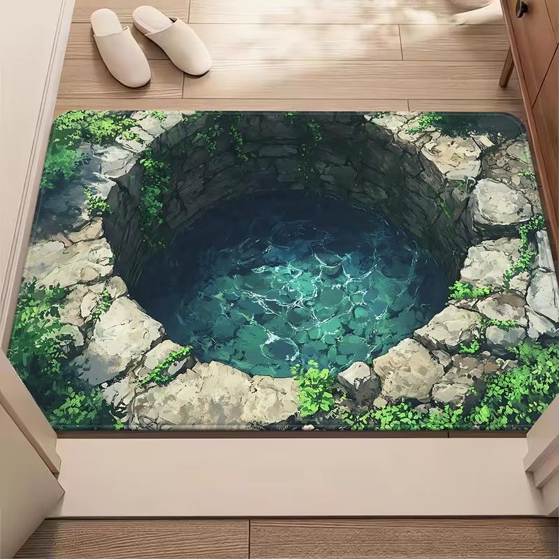 

2D Stone Well Door Mat Old Rock Well Entrance Rug Visual Illusion Non-Slip Indoor Welcome Mat Vintage Garden Hallway Floor Decor 40cm x 60cm