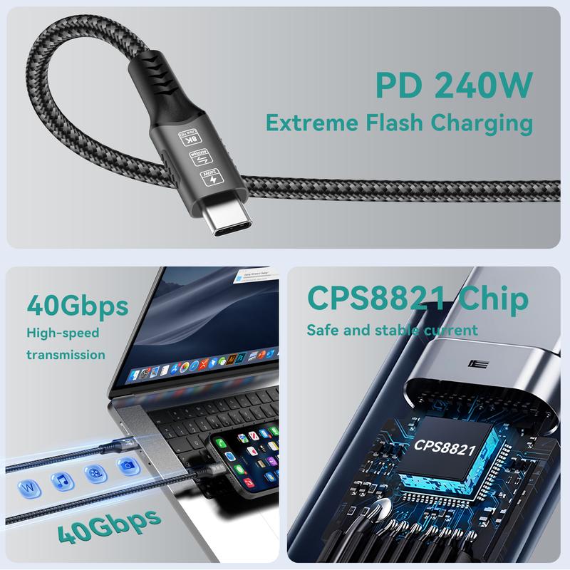 USB 4 for Thunderbolt 4 Cable 8K@60Hz 40Gbps Data Sync 240W Fast Charging USB C to USB C Thunderbolt Cable for MacBook Monitor