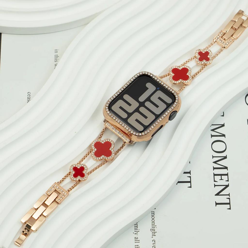 Armband Metallband + Gehäuse Damen Diamantarmband Vierblättriges Kleeblatt für Apple Watch Band Ultra2 49 44 45 42 40 38mm Serie 9 8 7 SE 6 5 4 3
