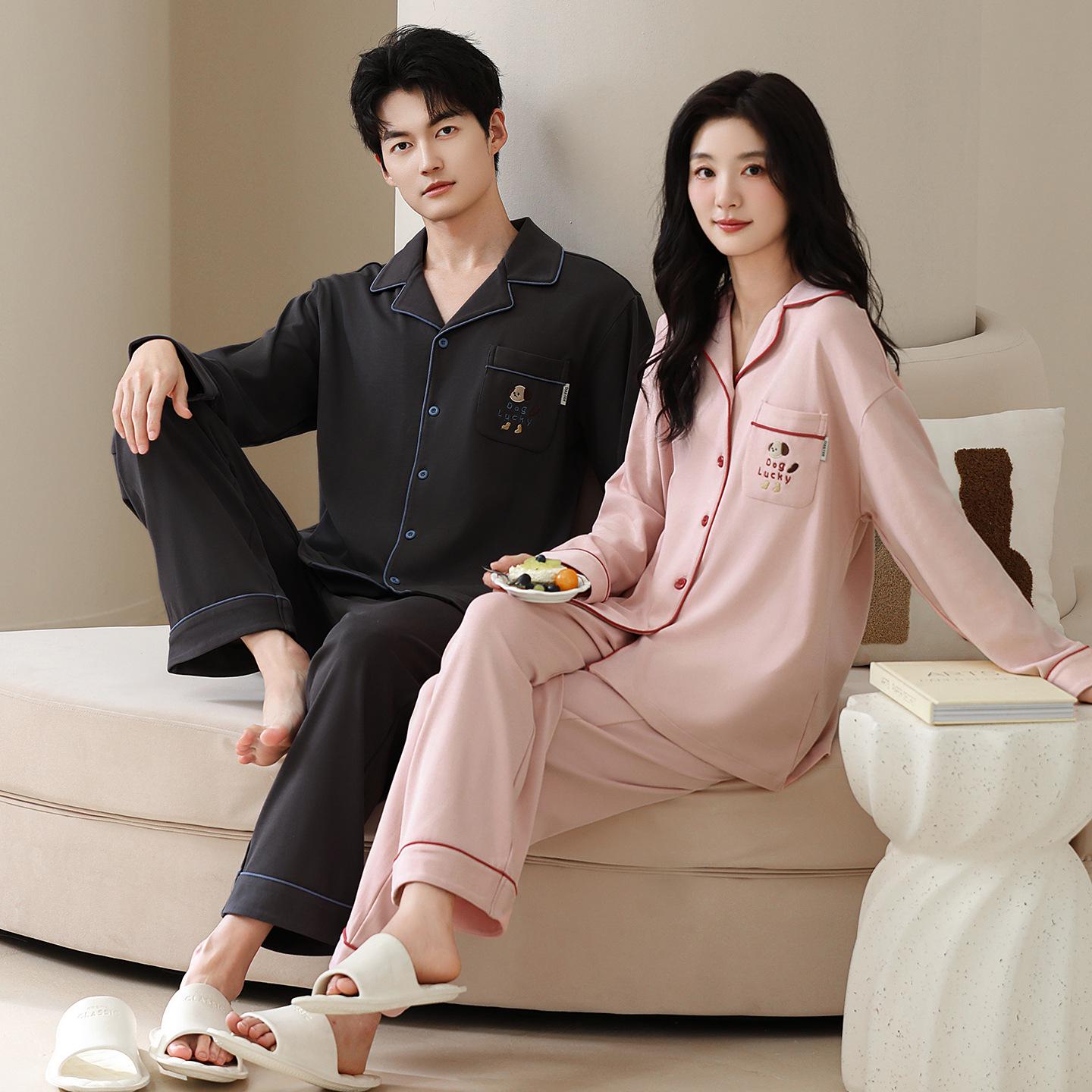 

Tencel Cotton Couple Pajamas - Long Sleeve Cardigan for Spring and Autumn, Sweet Style for Men and Women. Women M (80-100 lbs)