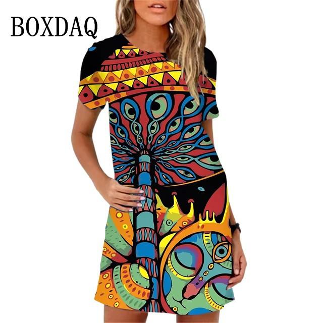 Elegante Abito Midi da Donna a Maniche Corte Moda Stampa 3D Taglie Forti Abbigliamento da Spiaggia