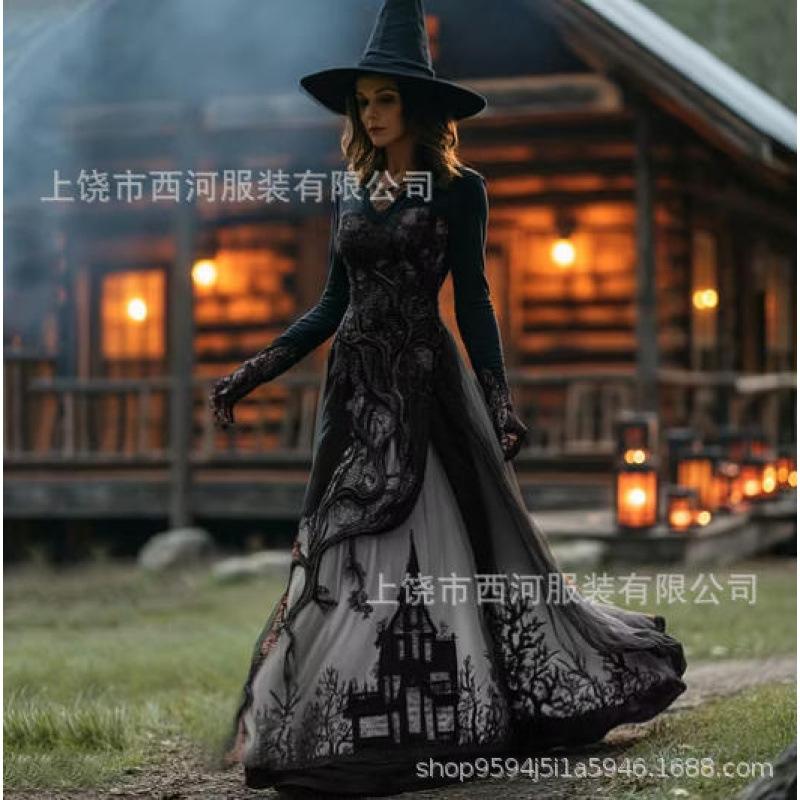 Abito da donna vintage gotico con teschio e rosa, motivo a gradiente, vestito lungo di Halloween con motivo a gradiente