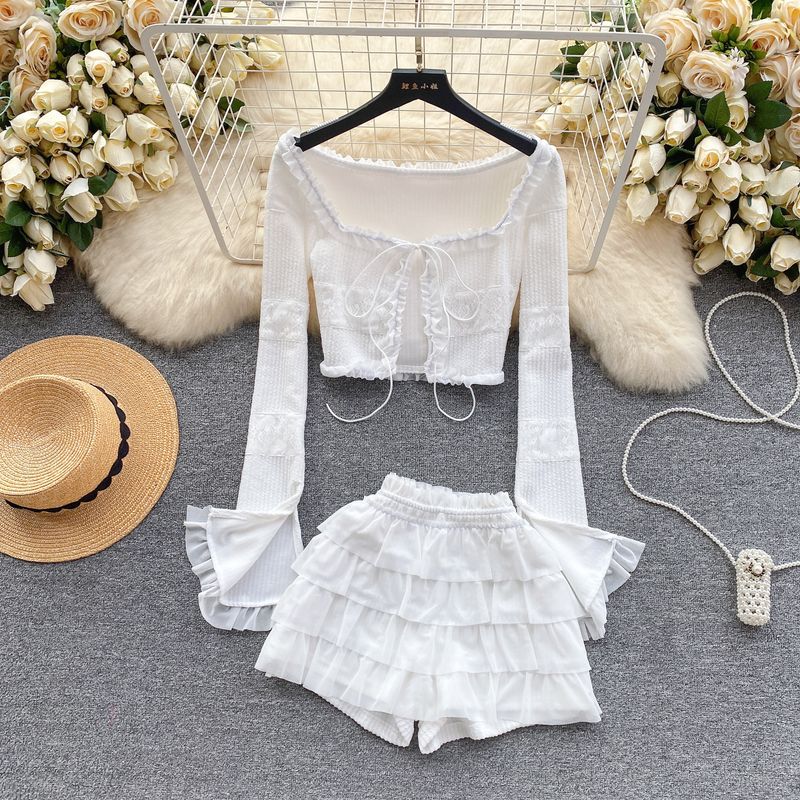 

Fashion Style Unique Tops Super Nice Suit Short Cardigan Easiest for Match Mini Culottes Sweet Youthful-Looking Two-Piece Set Trendy White S