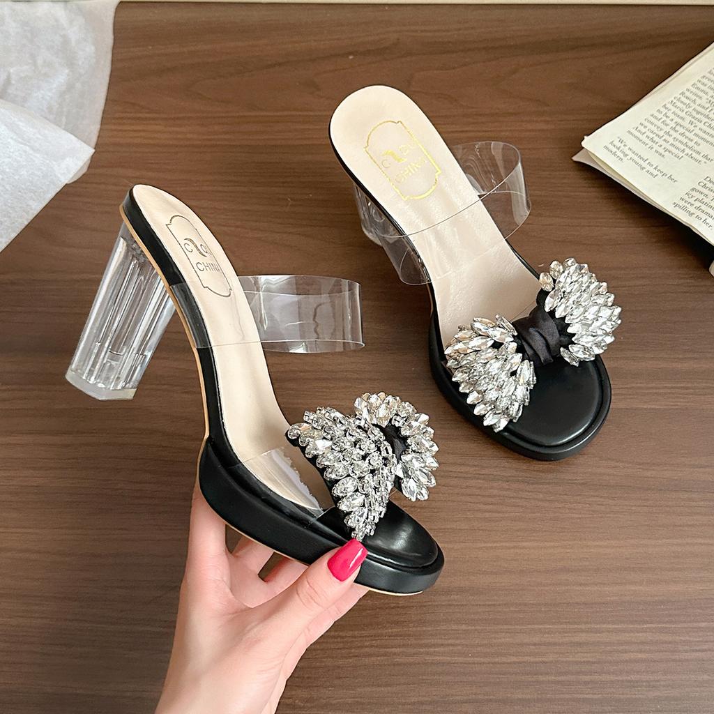 2025 summer new transparent square head bow high-heeled slippers women's rhinestone open-toed stiletto sandals with skirt