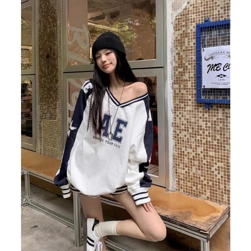

White with Printed Pattern Patchwork V-neck Sweatshirt Female Spring & Fall American Retro Stylish Niche Loose Casual Sports Top L белый