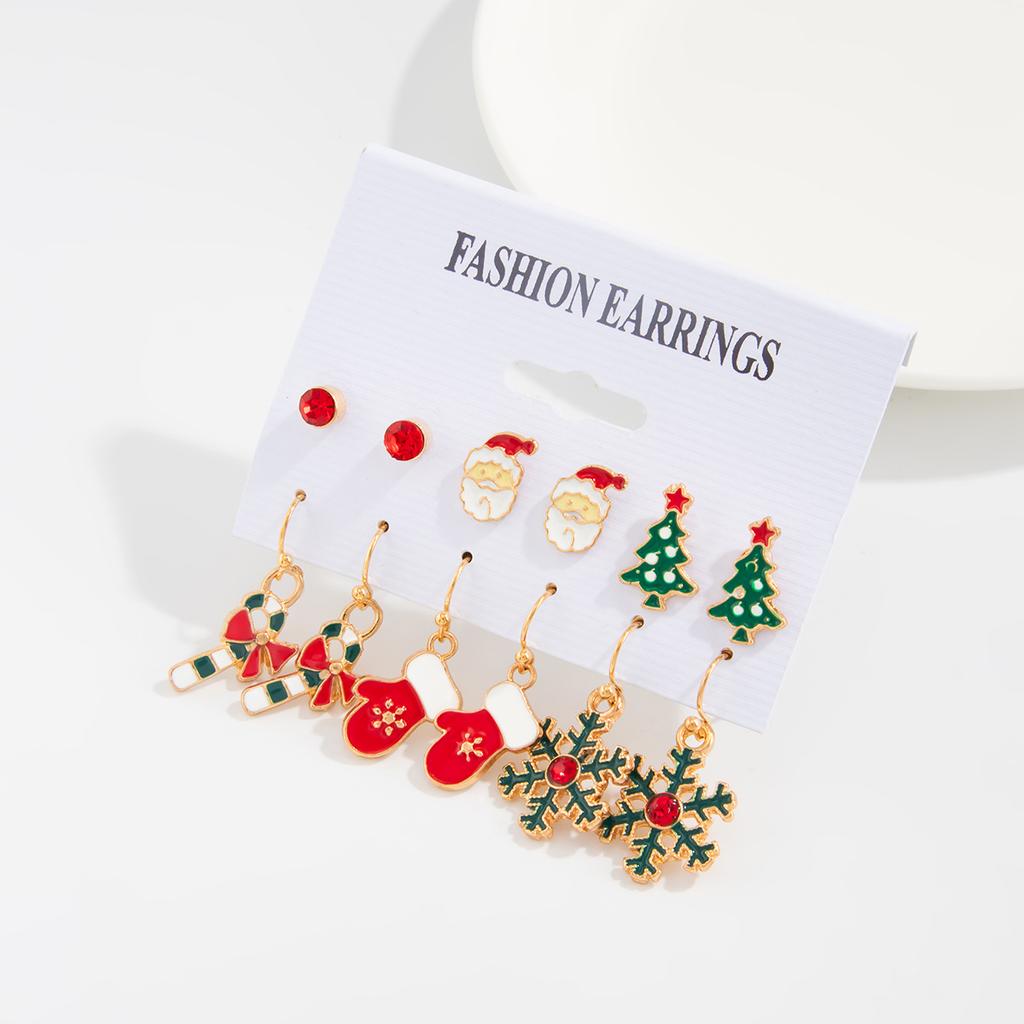 Cartoon Dripping Elk Santa Holiday Stud Earrings, Christmas Snowflake Bell Earrings Set