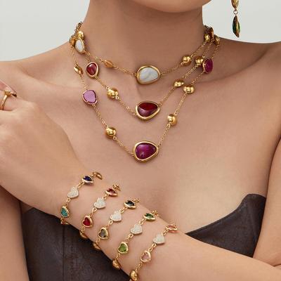18K Gold-Plated Stainless Steel and Resin Jewelry Set with 5A Zirconia Heart Necklace and Bracelet