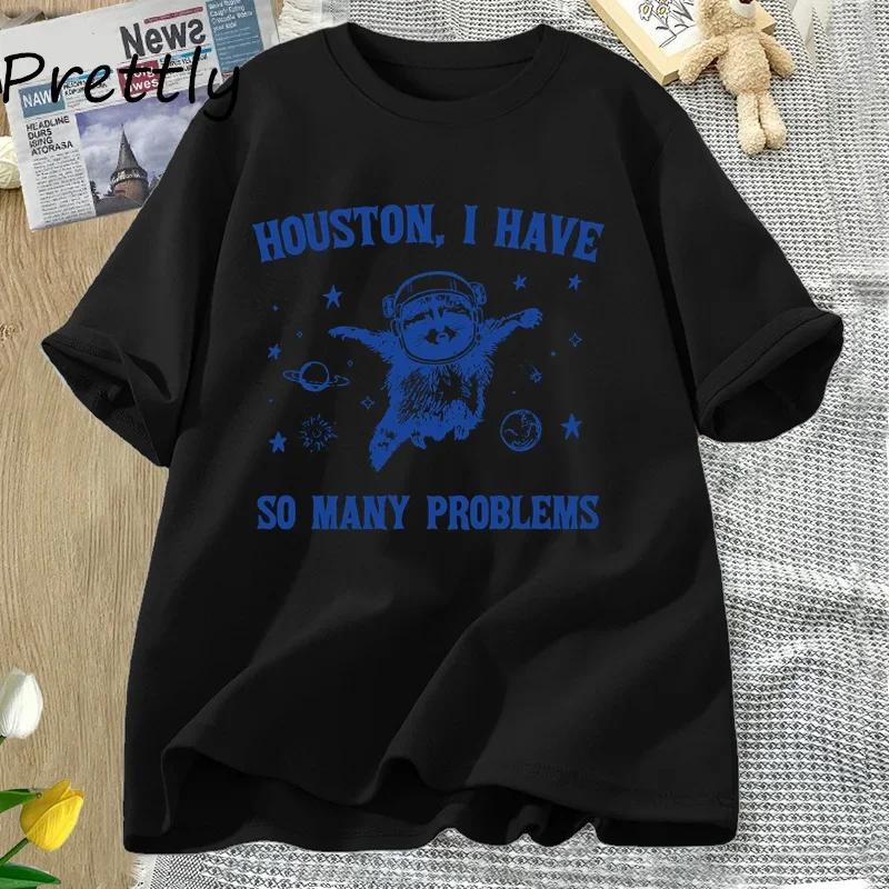 Houston Ich Habe So Viele Probleme T-Shirts Lustiger Waschbär im Weltall Mond Grafik T-Shirts Vintage Baumwolle Kurzarm Damenkleidung