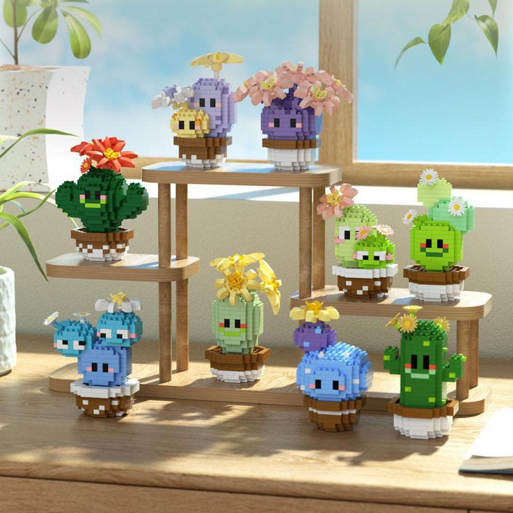 Idea Funny Cartoon Figures Micro Diamond Building Block Cactus Nanobricks Potted Plant Construction Educational Toys For Gifts