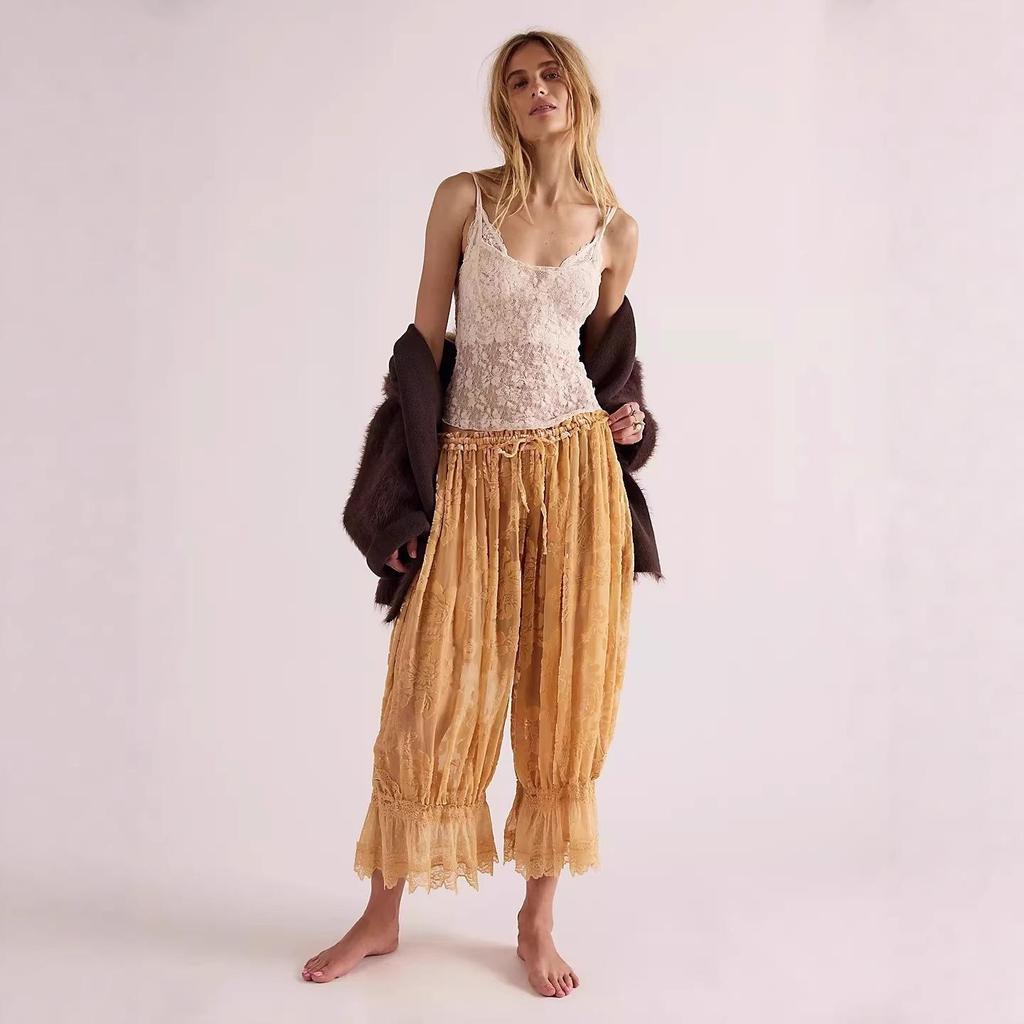 Pantaloni a Lanterna da Donna 2026 Stile Europeo e Americano con Bordi in Pizzo a Vita Alta - Moda Casual Larga Corti.