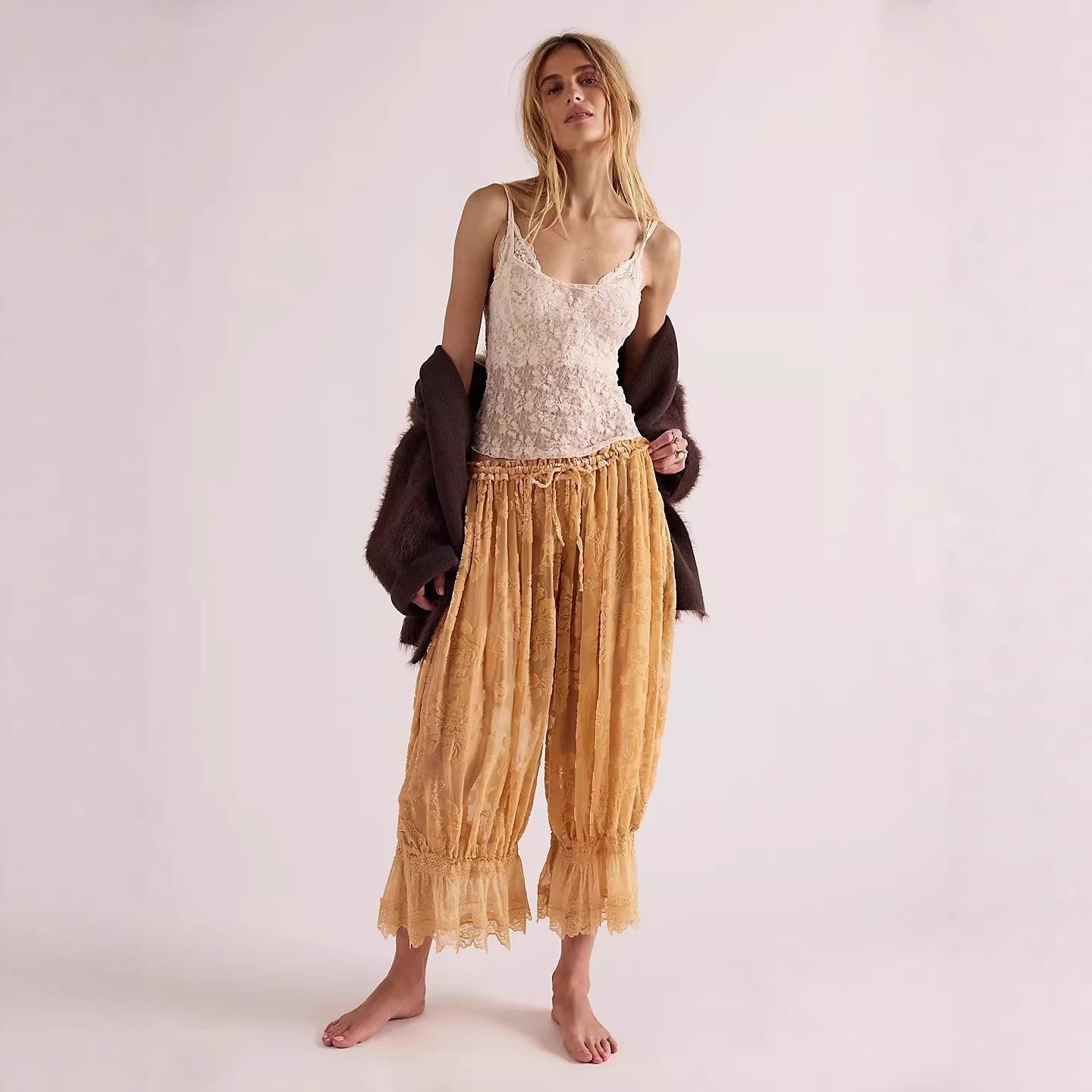 

2026 European & American Style Women s Lace Trim High Waist Lantern Pants - Loose Casual Fashion Cropped.