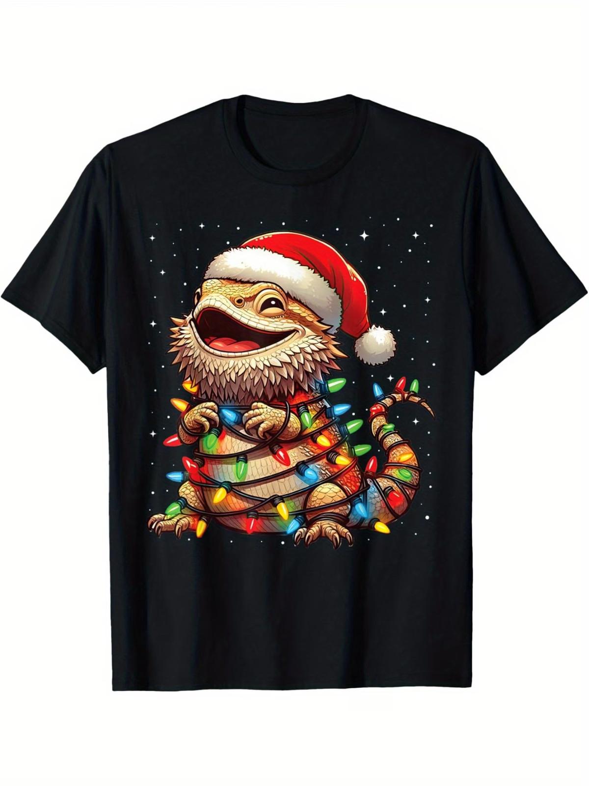 Bearded Dragon Christmas Lights Santa Hat Xmas Snow T-Shirt XL