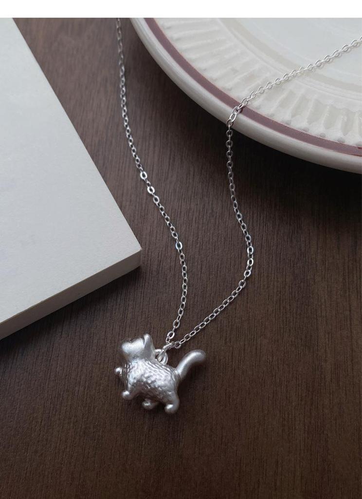 S999 Sterling Silver Cute Cat Necklace for Women - Korean Style 3D Small Cat Pendant on Light Luxury Clavicle Chain