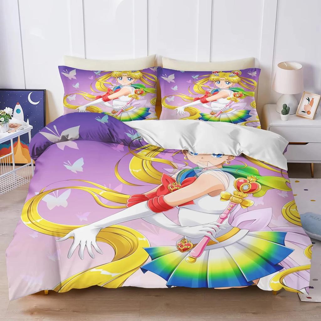 Anime S-Sailor & M-Moon Bedding Set,Duvet Cover Comforter Bed Set Quilt Cover Pillowcase,King Queen Twin Size Boys Girls Adults
