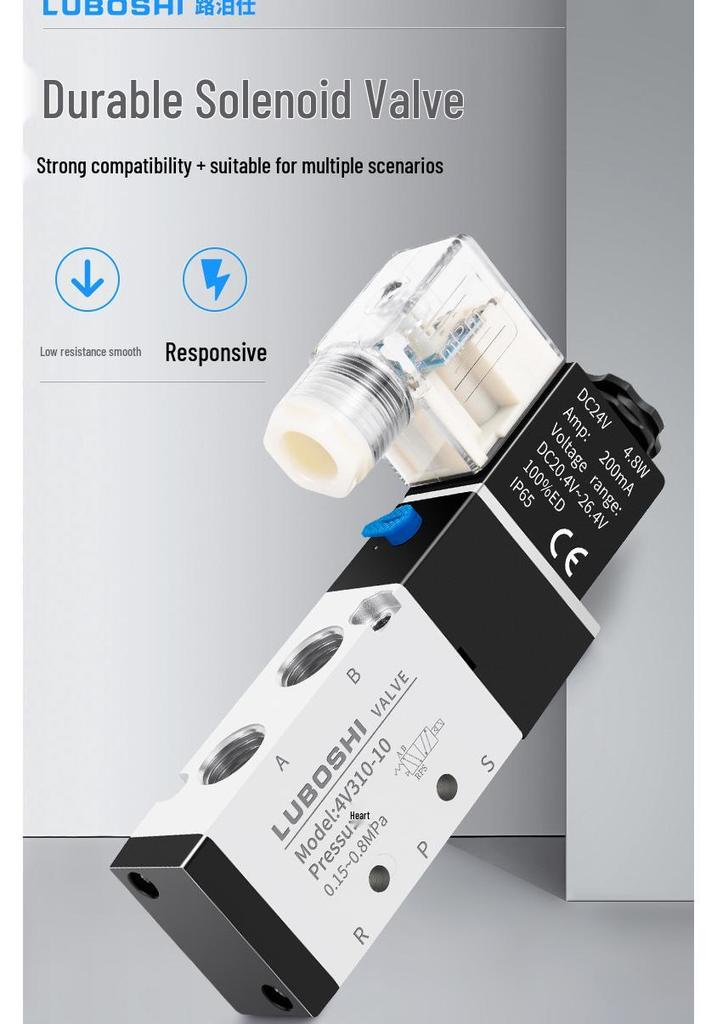 220V Pneumatický solenoidový ventil 4V410-15: 8mm Konektor, 2-polohový 5cestný řídicí ventil pro válec, 24V Směrový pneumatický ventil.