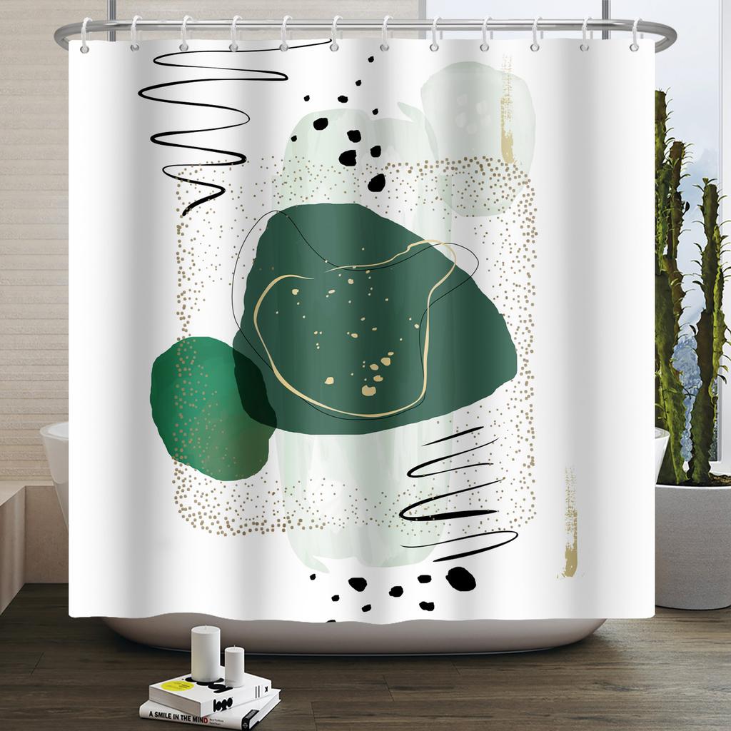 Mid Century Abstract Boho Shower Curtain Green Leaf Plant Modern Arch Sun Minimalist Nordic Waterproof Bathroom Bath Curtain