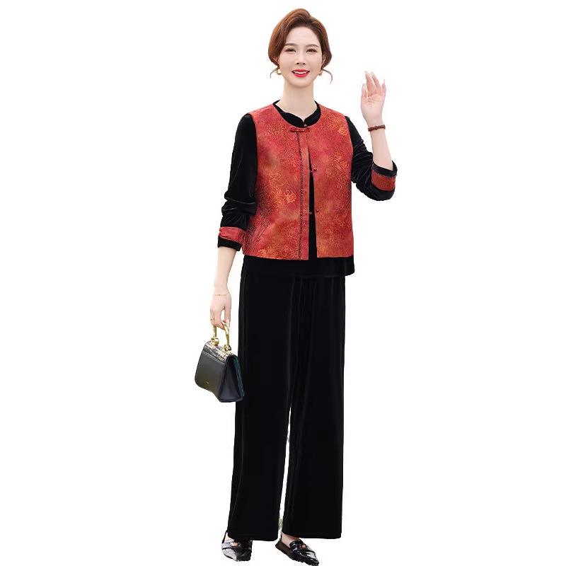 Chinese Gold Velvet Vest Set for Middle-Aged Women - Spring/Autumn Noble Lady Style