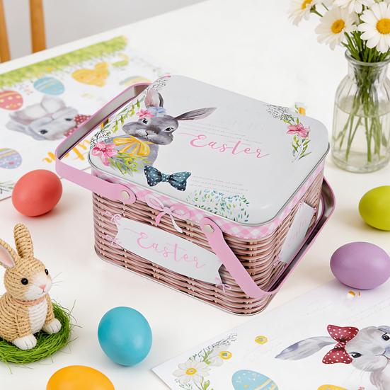 Osterplätzchen Aufbewahrungsbox Tragbare Blech Süßigkeitenbox mit 2 Griffen Leere Blechdose Keks Süßigkeiten Aufbewahrungsbehälter für Osterfest Partyzubehör