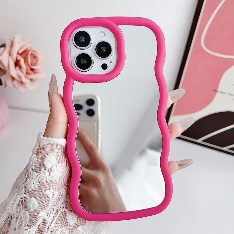 Luxury Mirror Phone Case For iPhone 15 Plus 14 13 Pro Max 12 Pro 11 Curly Wave Frame Shockproof Lens Protection Soft Cover