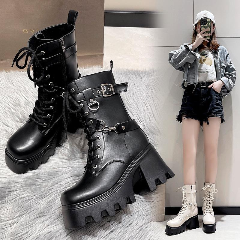 Fashion Large Size 35-42 Women's New Soft Bottom Motorcycle Boots Women Platform Knight Short Boots Lace-up Fad Ankle Boots Botas Mujer