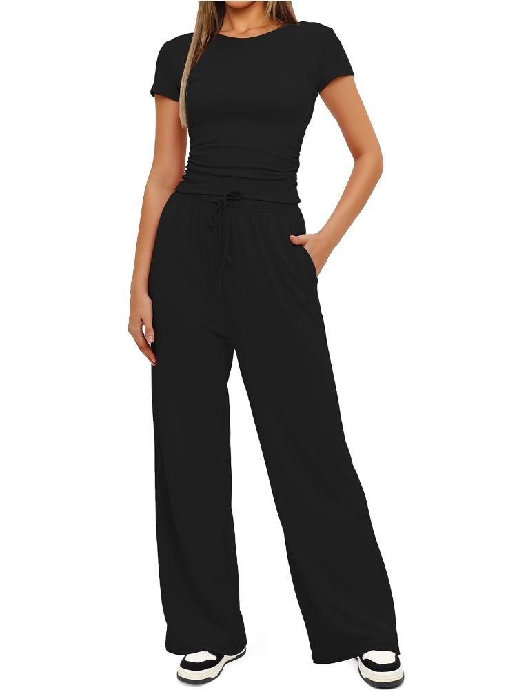 Solid Color Casual Long Sleeve Set Top High Waisted Wide Leg Pants Sportswear
