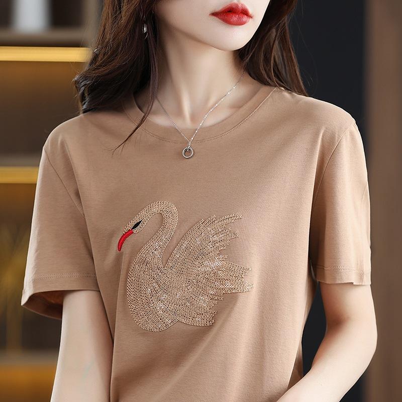 

Mercerated Cotton T-shirt for Women s Short-sleeved Cotton Thread Loose Half-sleeved Summer New Solid Color T-shirt Diamond Ironing Top S