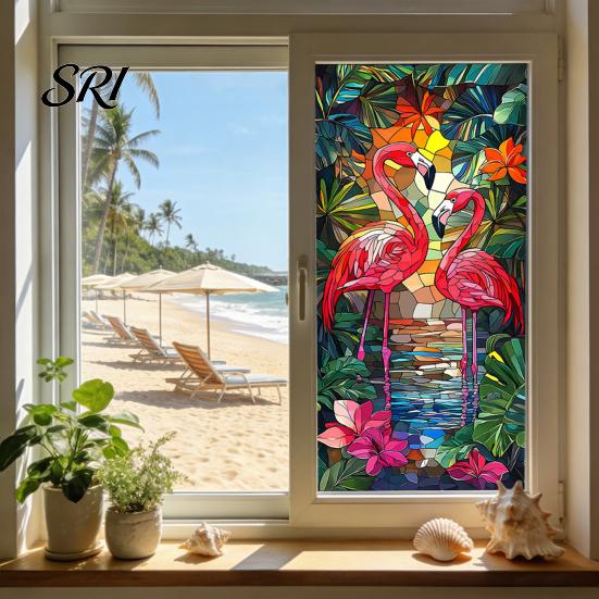 Indoor Outdoor Window Cling Privacy Film Stained Glass Flamingo Tropical Static Clings Heat Control Door Temporary Sticker Covering with Palm