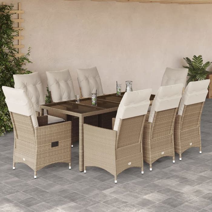 VidaXL Ensemble à manger de jardin et coussins 9 pcs beige Poly rotin, ensemble de salle à manger d'extérieur, meuble de 3276806