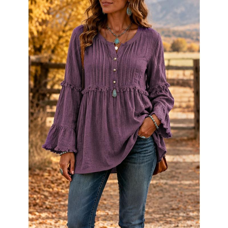 Women S Casual Loose V Neck Long Sleeve Blouse With Lace Trim