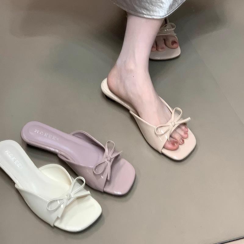French gentle bow with thick heel cool slippers women's summer wear open toe with skirt temperament sandals