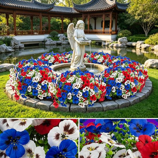 4th of July Artificial Pansy Flowers for Outdoor, UV Resistant Faux Silk Patriotic Flowers, Red Blue White Fake Flowers for Planter Front Door Porch