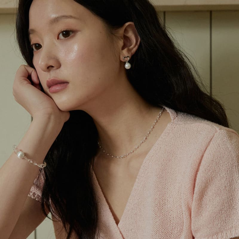 ADAUL Line Heart Pearl Earring - Silver