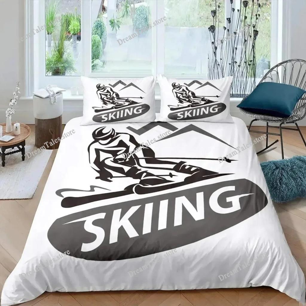 Ski Sports Duvet Cover Set Full Size Winter Sports Skiing Bedding Sets Snow Mountain Landscape Comforter Cover for Boys Girls369
