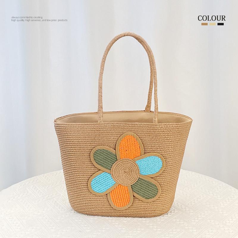 Simple Flower Color Blocked Pattern Women Large Capacity Woven Tote Bag For Summer Casual Use