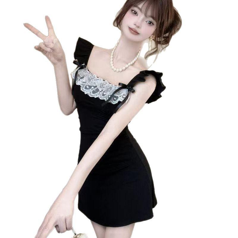 Pure Desire Wind Lace Splicing Dress French Bow Summer Skirt Waist Temperament High Waist Short Skirt A-shaped Skirt