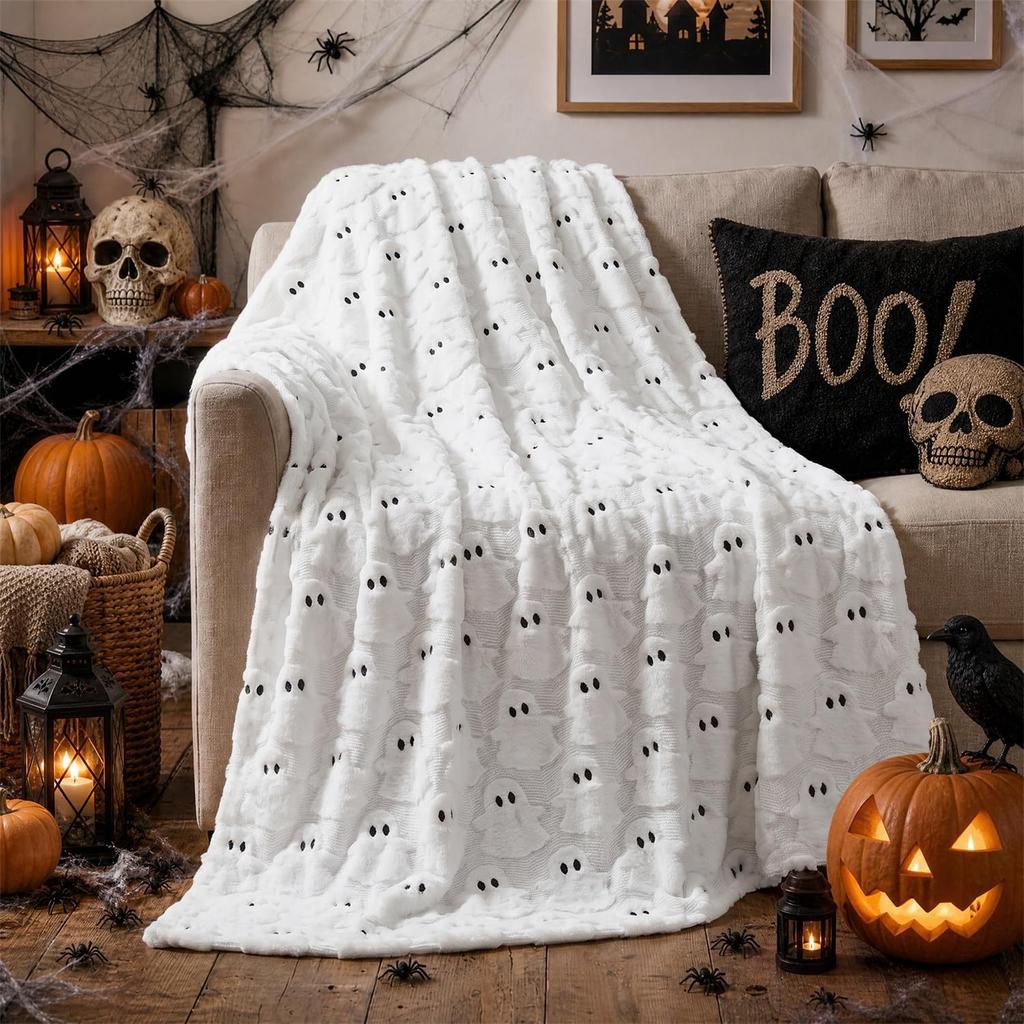Halloween Ghost Pumpkin Embroidered Throw Blanket Double Layer Warm Plush Fleece Fleece Blanket Cozy Holiday Couch Bed Decor Christmas Gift