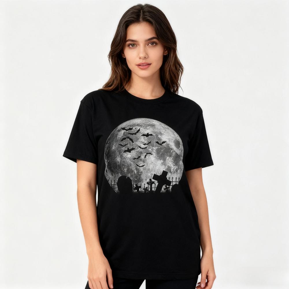 Full Moon Halloween Unisex TShirt Bats Graveyard Graphic Print Shirt Unisex Women Fashion Crewneck Tee Tops Cool Halloween Gift T