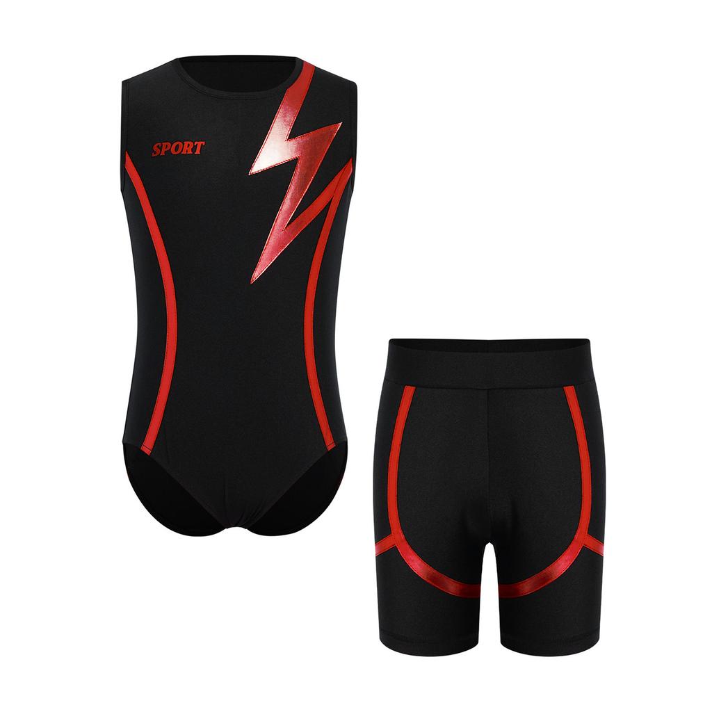 Boys Shiny Contrast Leotard Sleeveless Press Button Crotch Shorts Gymnastics Outfit