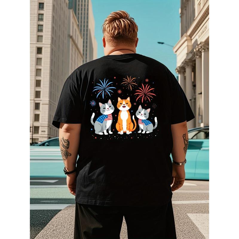 European sizes Men'S Patriotic Cats Graphic T-Shirt - "Happy Independence Day" Back Print, Black with Colorful Fireworks & American Flag Design