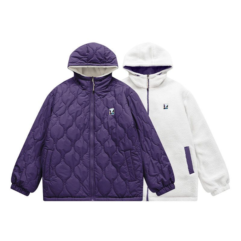 

Street Reversible Sherpa Fleece Hooded Cotton Jacket for Men and Women 2023 Autumn and Winter Trendy Brand Personalized Zipper Jacket Coat Deep purple XXL
