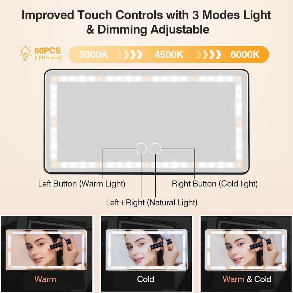 Car Sun Visor Vanity Mirror With Protective Cover, Rechargeable LED Visor Mirror With 3 Light Modes Touch Control, Universal Sun Visor Makeup Mirrors