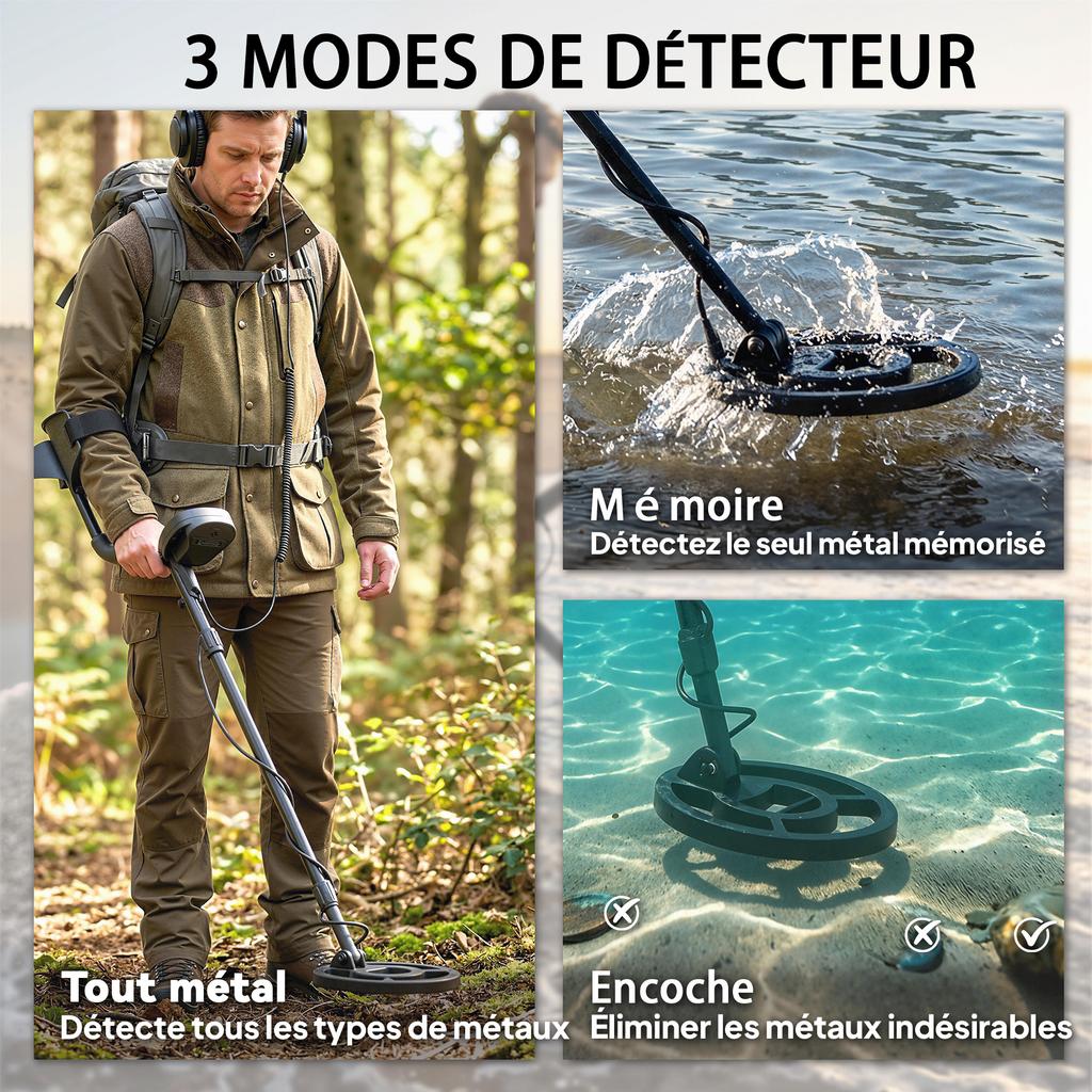 Metal Detector, IP68 Waterproof Coil, LCD, 3 Modes, Shovel